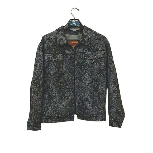 Marc Jacobs Crystal Rhinestone bead Embellished Denim Jacket size S black white - Picture 3 of 11